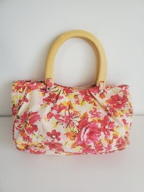 Old Navy Pink, Yellow and Cream Floral Satchel with Bamboo-Style Handles